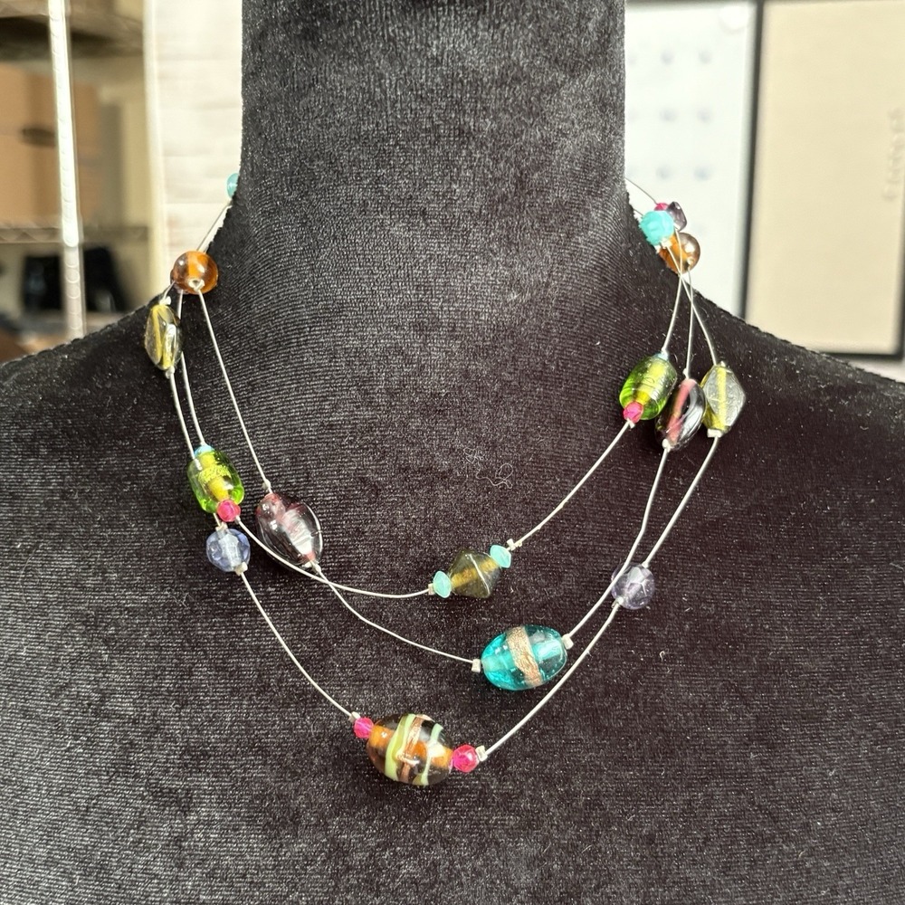 Boho Artistic 3 Strand Floating Illusion Colorful Beaded Necklace Accents 19"
